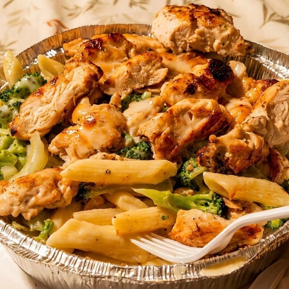 Chicken and broccoli alfredo pasta in a foil takeout container with a white plastic fork.
