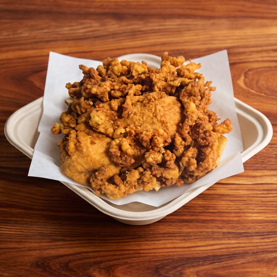 Crispy fried chicken pieces and crumbs in a white paper-lined container on a wooden table.