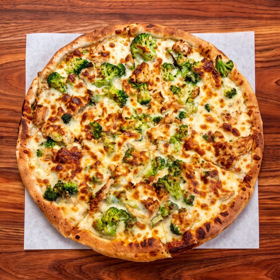 A whole chicken and broccoli pizza with melted cheese, on white parchment paper, on a wooden table.