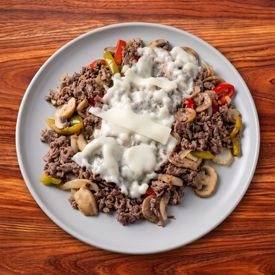 Ground meat, mushrooms, peppers, and onions topped with melted white cheese on a plate.