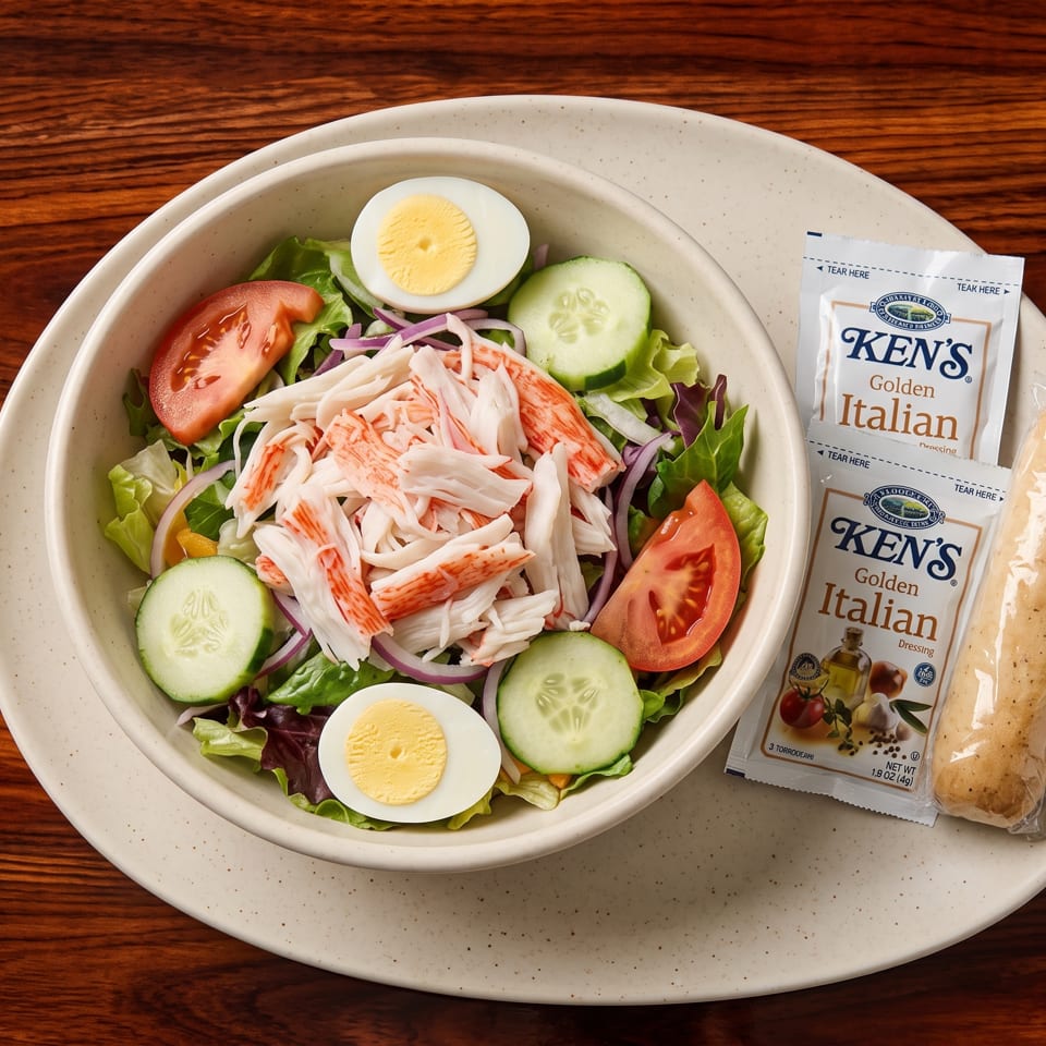 Crab salad with lettuce, tomato, cucumber, hard-boiled egg, and Ken's Golden Italian dressing.