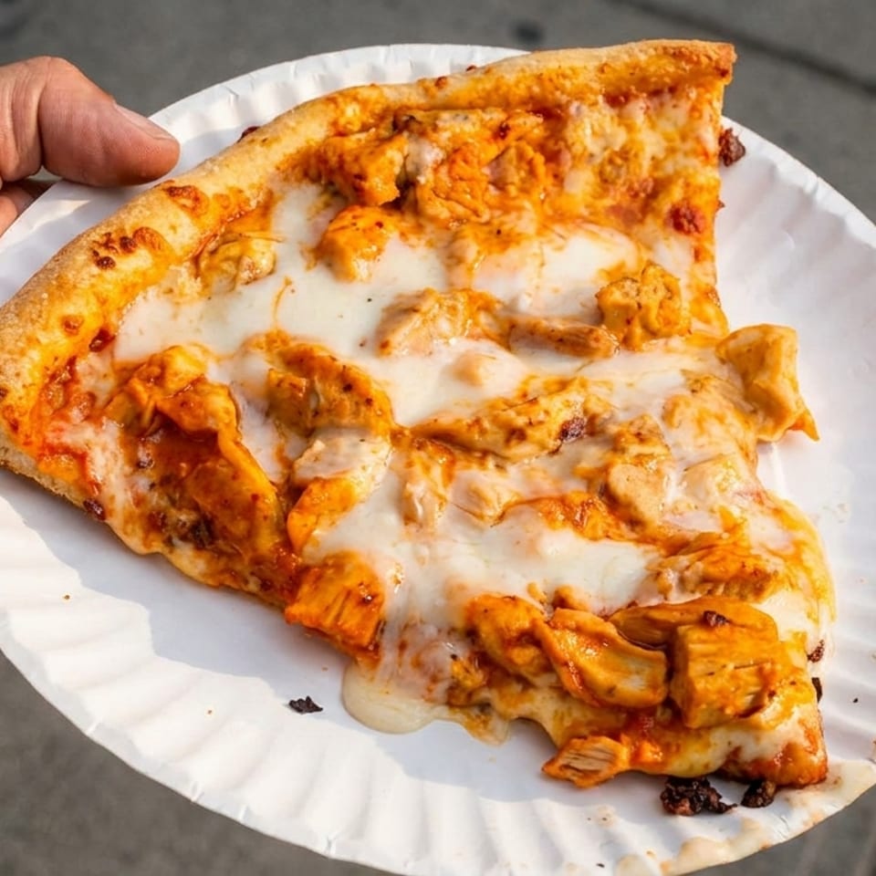 Hand holding a paper plate with a slice of buffalo chicken pizza, topped with melted mozzarella.
