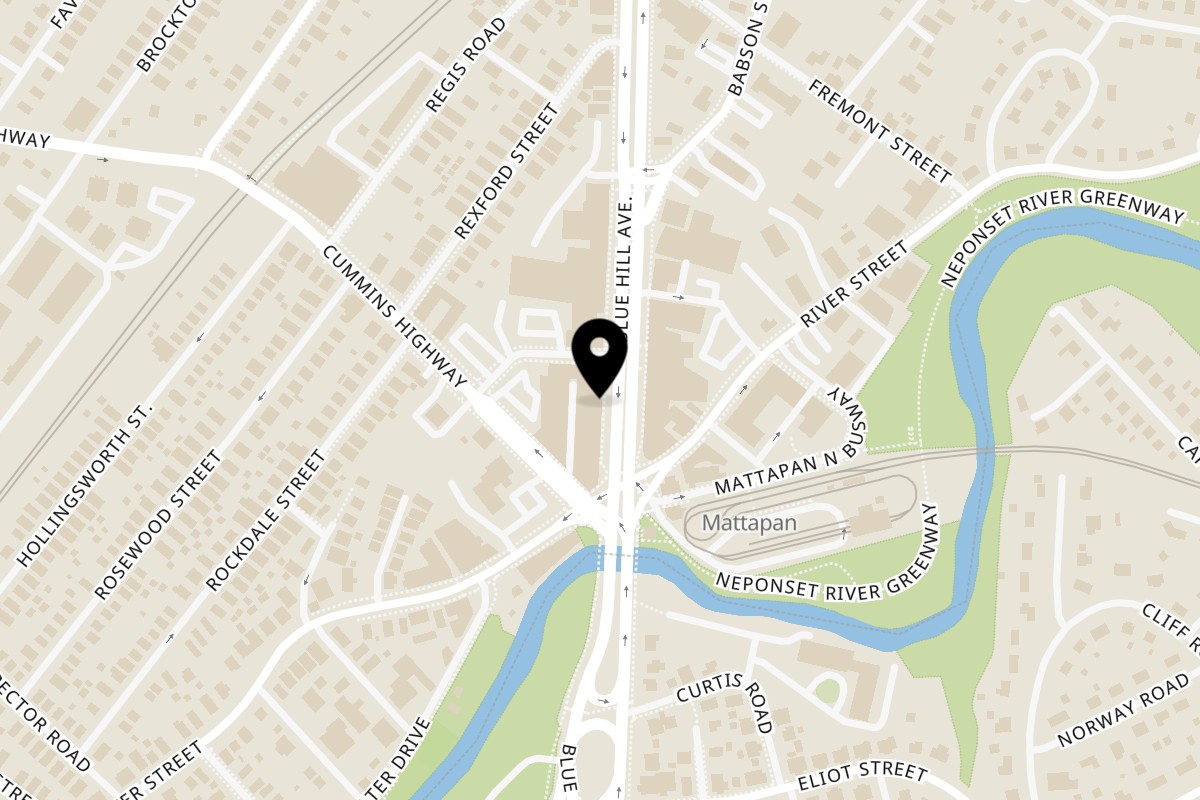 Map showing the location of Mattapan House of Pizza on 1631 Blue Hill Ave in Mattapan